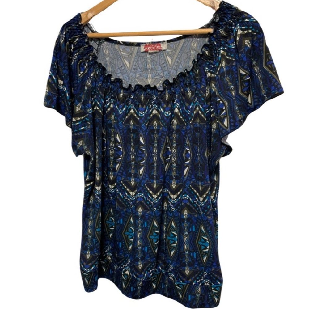 Black/Blue/ Gold Graphic Print Short Sleeve Peasant Blouse w/ Ruched Neckline